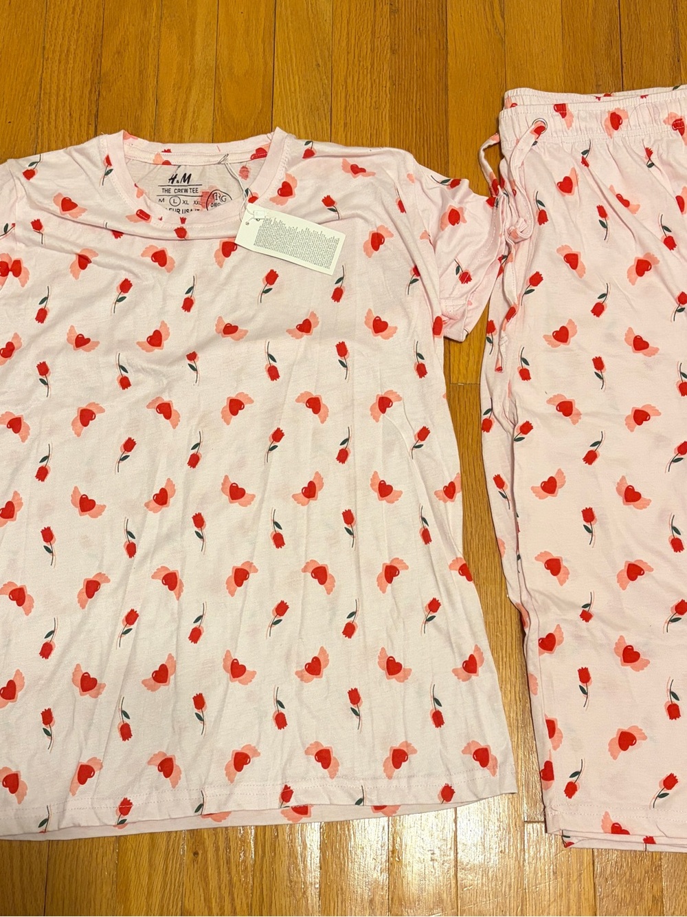 H&M Women Light Pink Tee with Red Floral & Heart Print